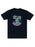 A midnight navy colored unisex t-shirt with the text 'FIGHT EVIL, READ BOOKS' printed on the front, featuring a cartoonish illustration.