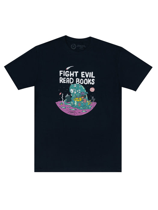 A midnight navy colored unisex t-shirt with the text 'FIGHT EVIL, READ BOOKS' printed on the front, featuring a cartoonish illustration.