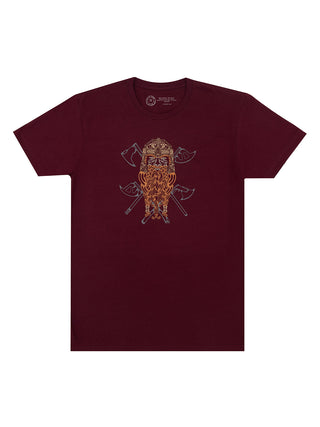 Maroon colored And My Axe unisex t-shirt with a graphic design of a dwarven character on the front.