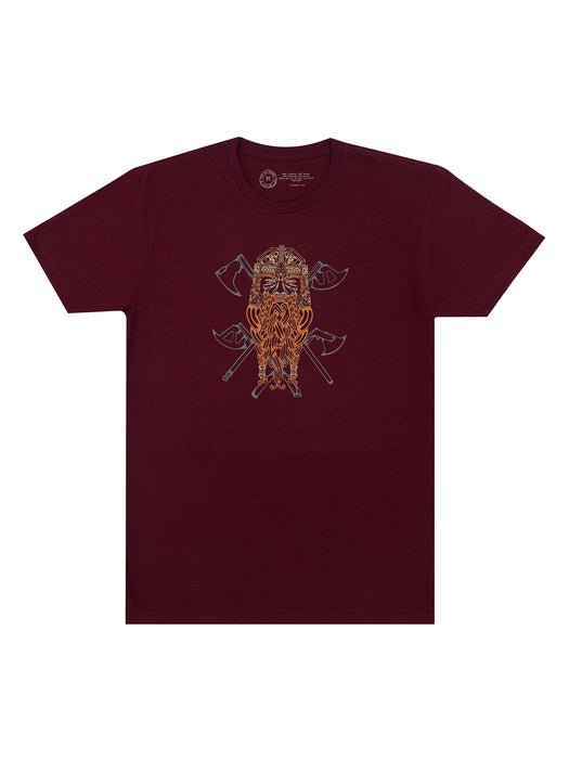 Maroon colored And My Axe unisex t-shirt with a graphic design of a dwarven character on the front.