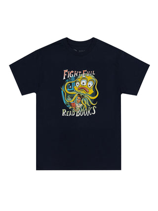Navy blue t-shirt with the text 'Fight Evil, Read Books' printed on the front, accompanied by a graphic of a character.