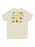 Beige t-shirt with colorful graphics and text on a white background