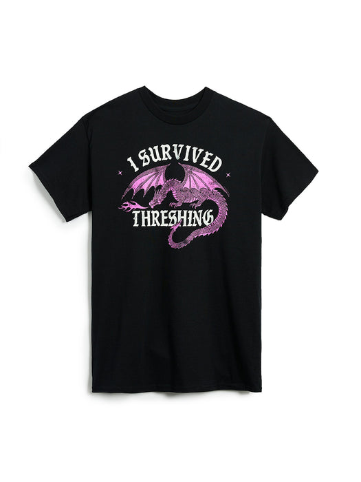 Black t-shirt with a dragon graphic and text on a white background