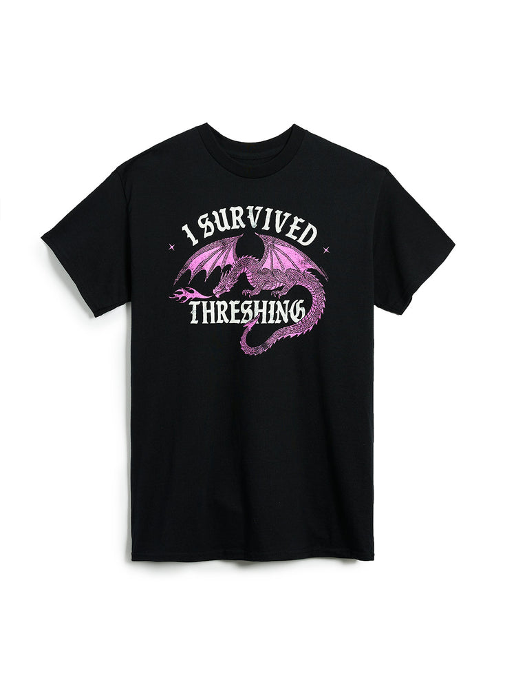 Black t-shirt with a dragon graphic and text on a white background