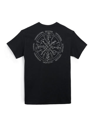 Black t-shirt with a white graphic design on the back against a white background