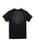 Black t-shirt with a white graphic design on the back against a white background