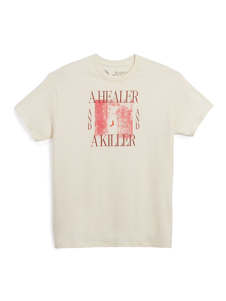 Beige t-shirt with graphic design and text on a white background