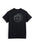 Black t-shirt with white graphic design on a white background