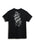 Black t-shirt with white graphic design on a white background