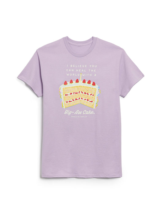 Lavender t-shirt with a cake graphic and text on a white background