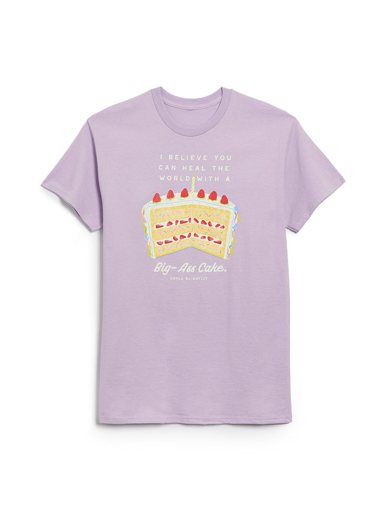 Lavender t-shirt with a cake graphic and text on a white background