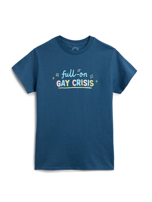 Blue t-shirt with colorful text "full-on gay crisis" on a white background