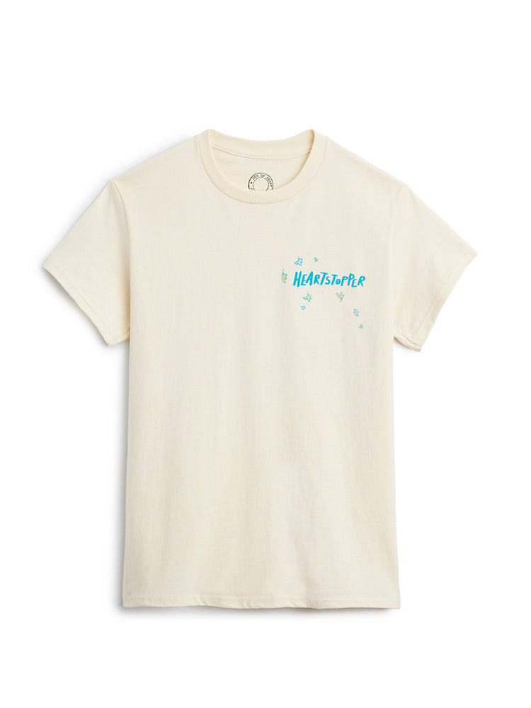 Beige t-shirt with blue text on a white background