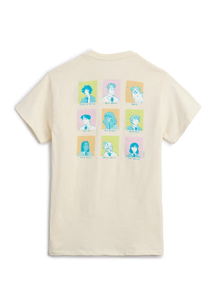 Beige t-shirt with cartoon character illustrations on the back against a white background