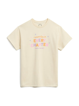 Beige t-shirt with colorful text on a white background