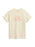 Beige t-shirt with colorful text on a white background