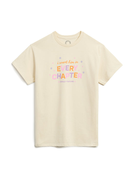 Beige t-shirt with colorful text on a white background