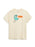 Beige t-shirt with a cartoon dinosaur graphic and text on a white background