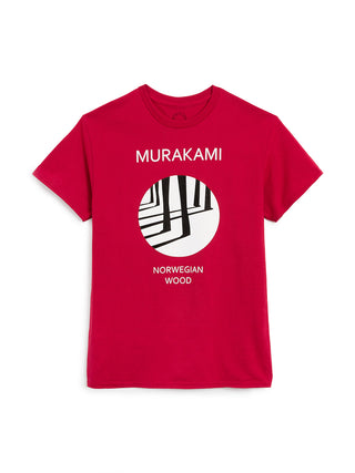 Red t-shirt with 'Murakami Norwegian Wood' design on a white background