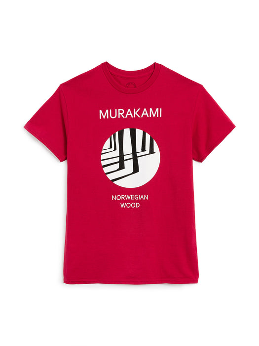 Red t-shirt with 'Murakami Norwegian Wood' design on a white background
