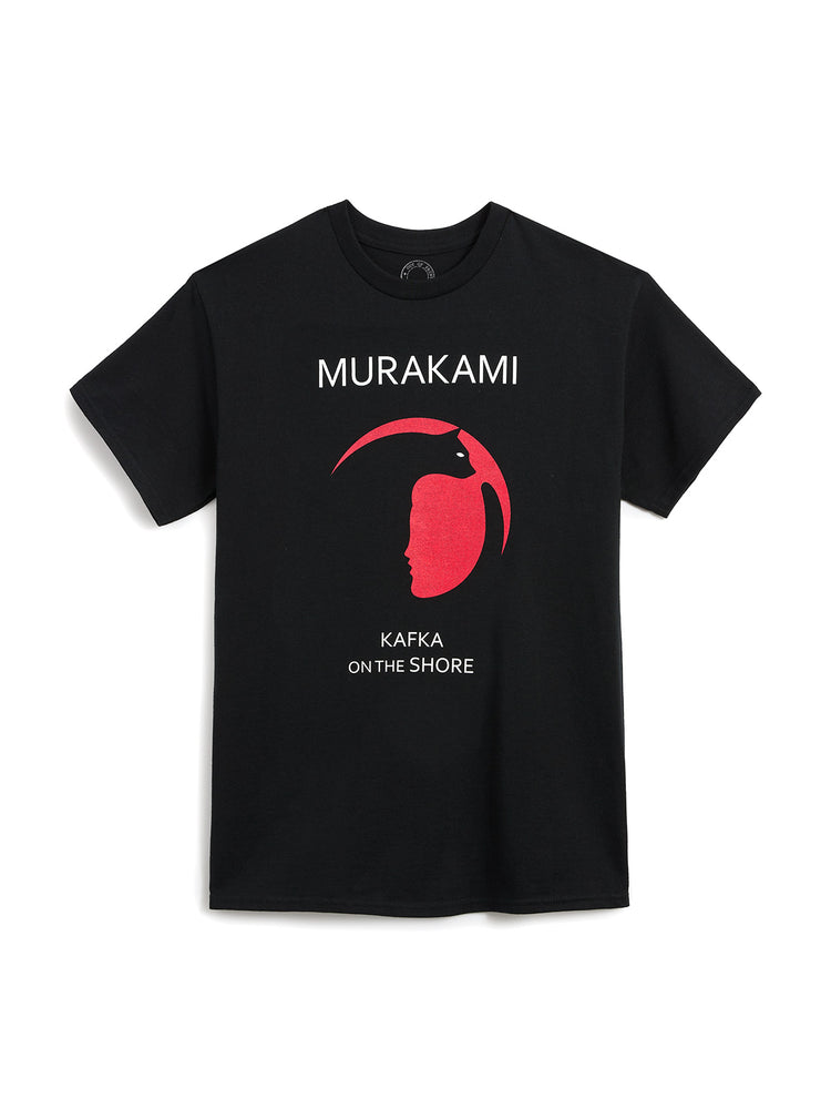 Black t-shirt with red graphic and text on a white background