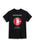 Black t-shirt with red circle and white text on a white background