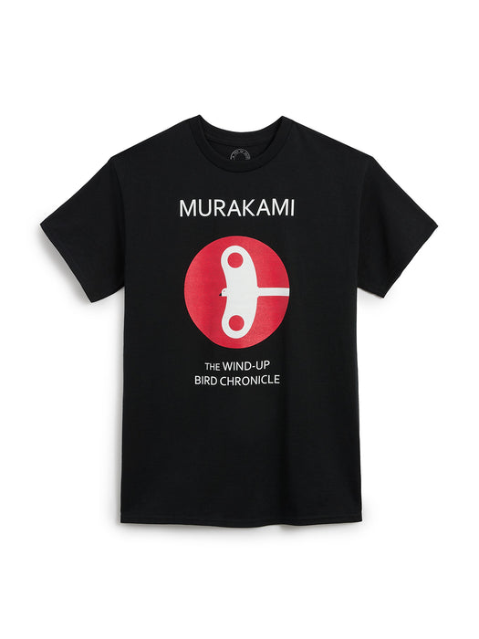 Black t-shirt with red circle and white text on a white background