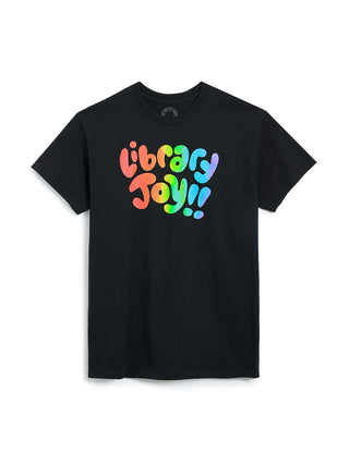 Black t-shirt with colorful 'Library Joy!' text on a white background