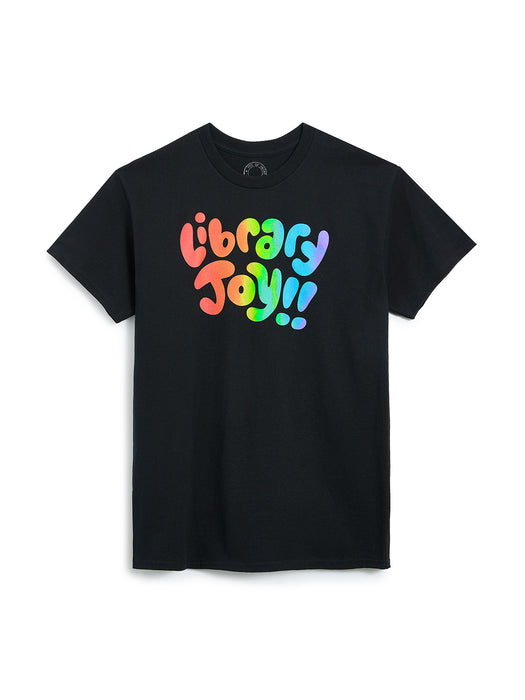 Black t-shirt with colorful 'Library Joy!' text on a white background