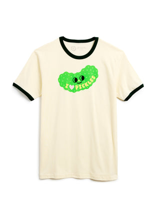 An off-white ringer t-shirt with forest green trim on the collar and sleeve cuffs, featuring a green pickle graphic on the chest with the text 'I <3 PICKLES'.
