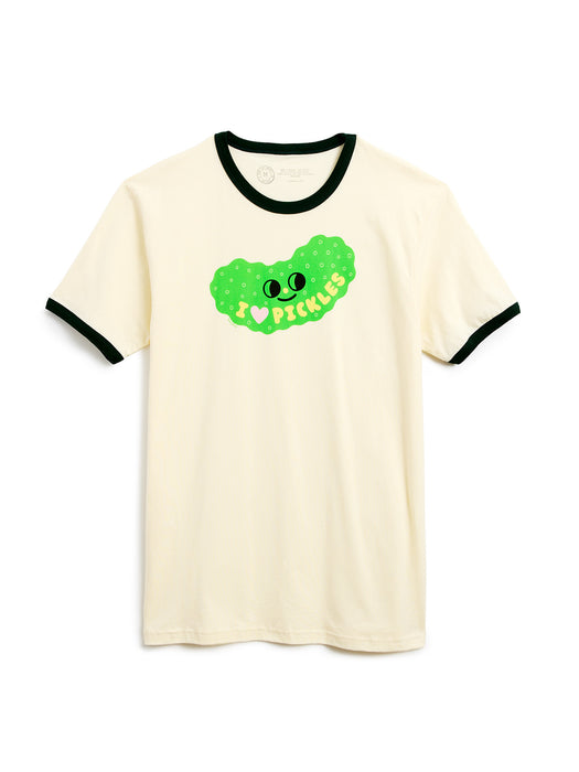 An off-white ringer t-shirt with forest green trim on the collar and sleeve cuffs, featuring a green pickle graphic on the chest with the text 'I <3 PICKLES'.