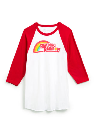 Red and white baseball shirt with 'Reading Rainbow' logo on a white background