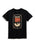 A black short-sleeve crewneck t-shirt featuring a vintage-style graphic print of an eye with the text 'GEORGE ORWELL 1984' in red and beige, set against a plain white background.