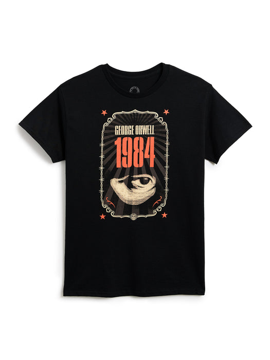 A black short-sleeve crewneck t-shirt featuring a vintage-style graphic print of an eye with the text 'GEORGE ORWELL 1984' in red and beige, set against a plain white background.