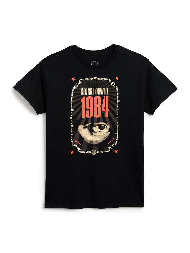 A black short-sleeve crewneck t-shirt featuring a vintage-style graphic print of an eye with the text 'GEORGE ORWELL 1984' in red and beige, set against a plain white background.