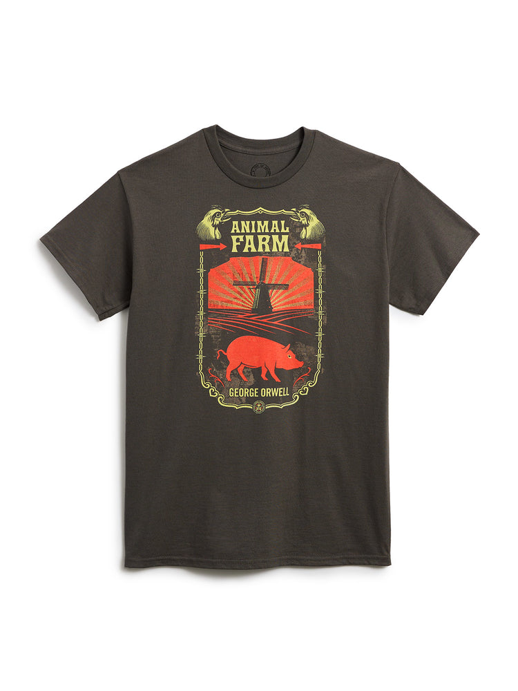 A dark gray short-sleeve t-shirt with a vintage-style graphic on the chest featuring a pig, a windmill, and the text 'Animal Farm' and 'George Orwell'.