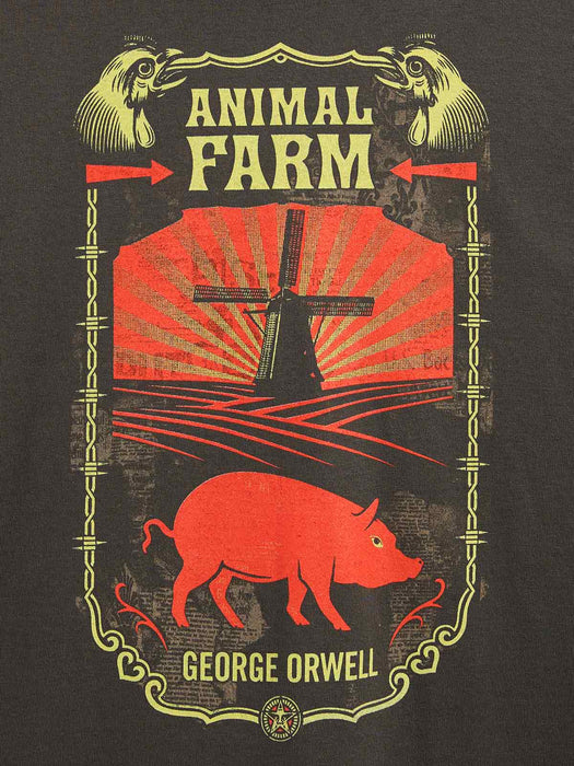 A closeup of a vintage-style graphic on the featuring a pig, a windmill, and the text 'Animal Farm' and 'George Orwell'.