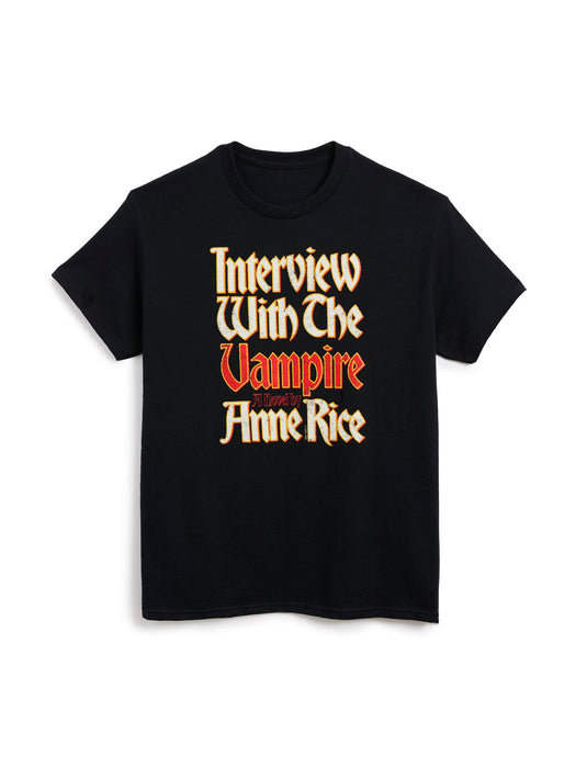 A black short-sleeve crewneck t-shirt featuring a stylized graphic print on the front that reads 'Interview With The Vampire' in a cream-colored gothic font, with 'Anne Rice' printed in red gothic font underneath.
