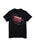 A black short-sleeve crewneck t-shirt featuring a graphic print of a red cassette tape with a rosary chain and cross.