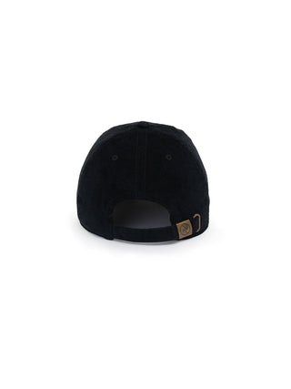 Black cap with a brand logo on the back against a white background