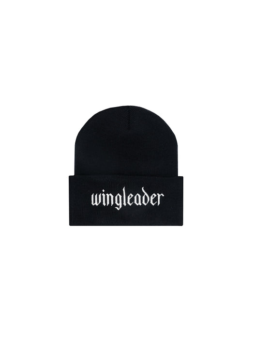 A black beanie with 'wingleader' text embroidered on the front in white.
