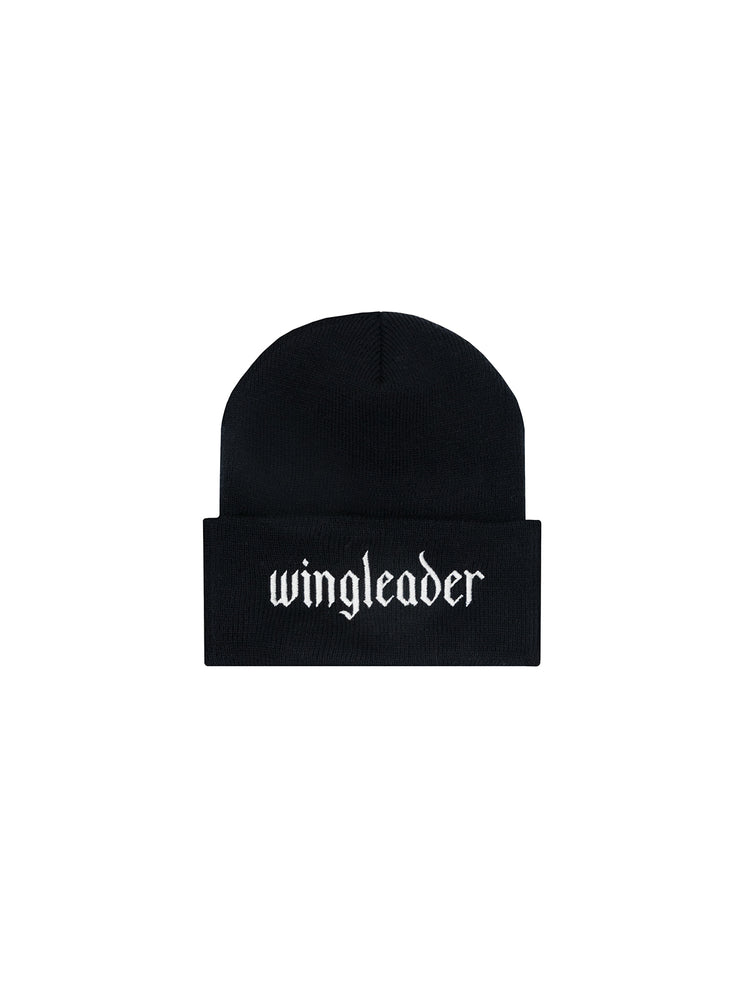 A black beanie with 'wingleader' text embroidered on the front in white.
