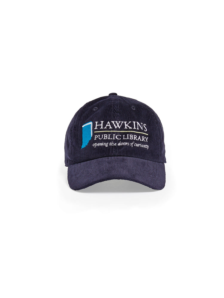 Navy blue cap with 'Hawkins Public Library' logo on a white background