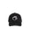 Black cap with a white logo on a white background