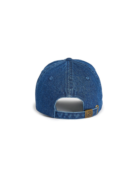 Blue denim cap on a white background