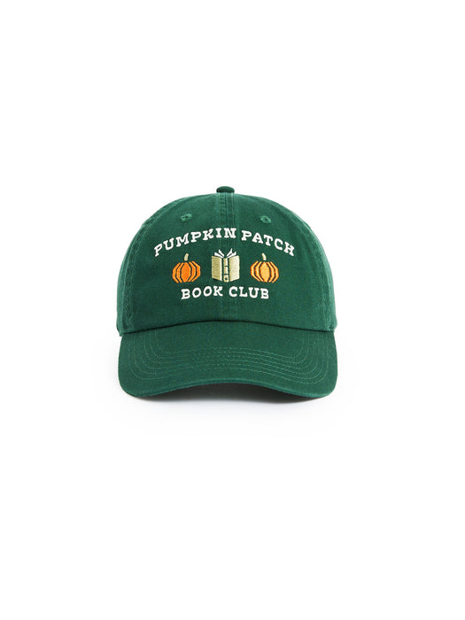 A dark green baseball cap featuring embroidered text that reads 'PUMPKIN PATCH BOOK CLUB' with small pumpkin and book graphics, shown against a plain white background.