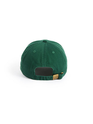A green baseball cap shown from the back, featuring a dark green fabric body, an adjustable closure with a small gold metal brand tag on the side.