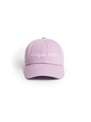 A light purple dad hat baseball cap with 'dragon rider' embroidered in white script on the front, shown against a plain white background.