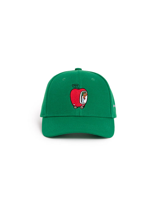 Green cap with Lowly Worm driving the Apple Car design on a white background