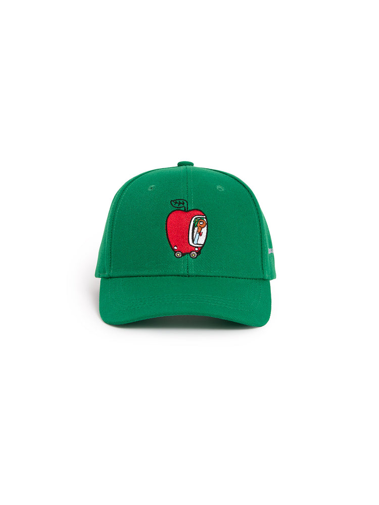 Green cap with Lowly Worm driving the Apple Car design on a white background